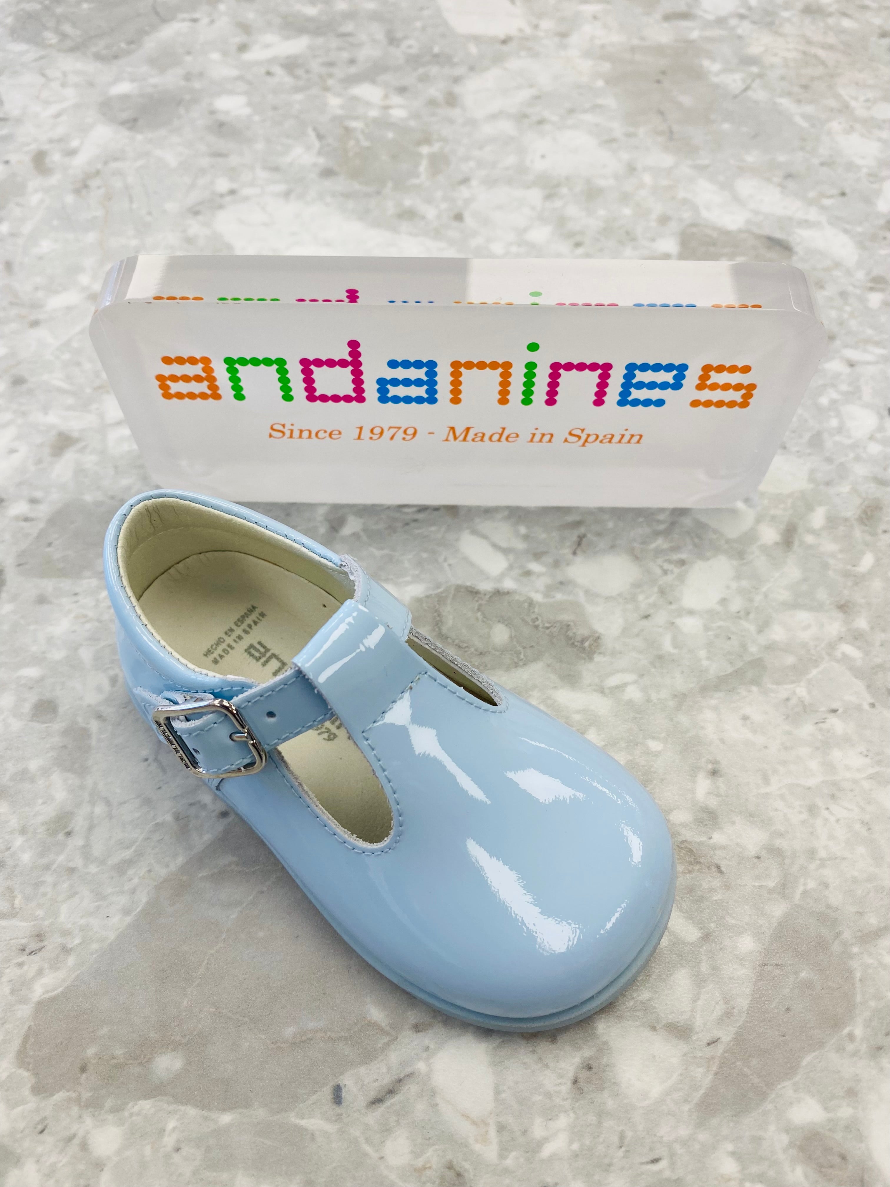 ANDANINES Blue Boys Patent Leather T-Bar Shoes - 191862