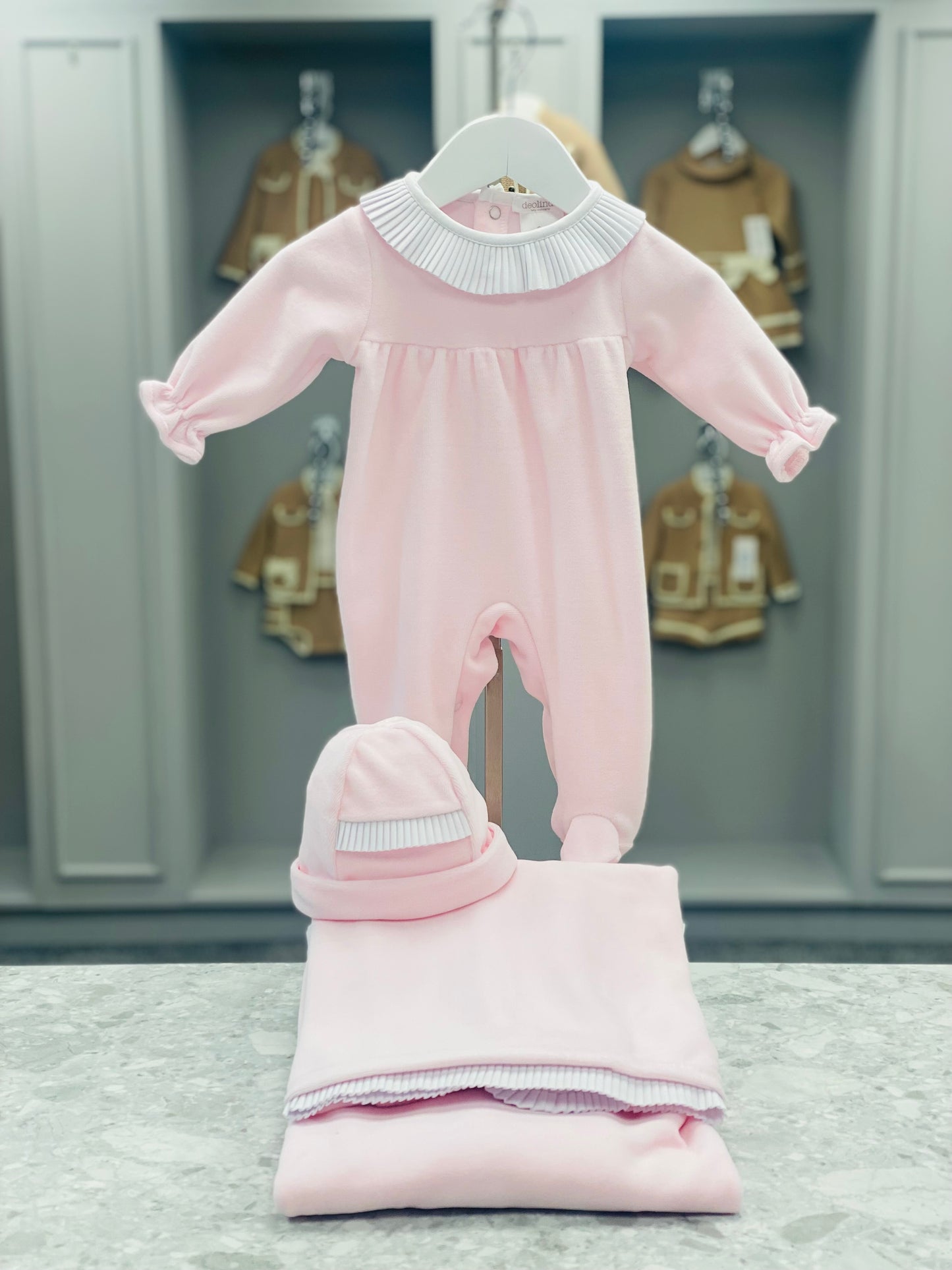 DEOLINDA Take Me Home Baby Girls Pink Pleated Three Piece Velour Set