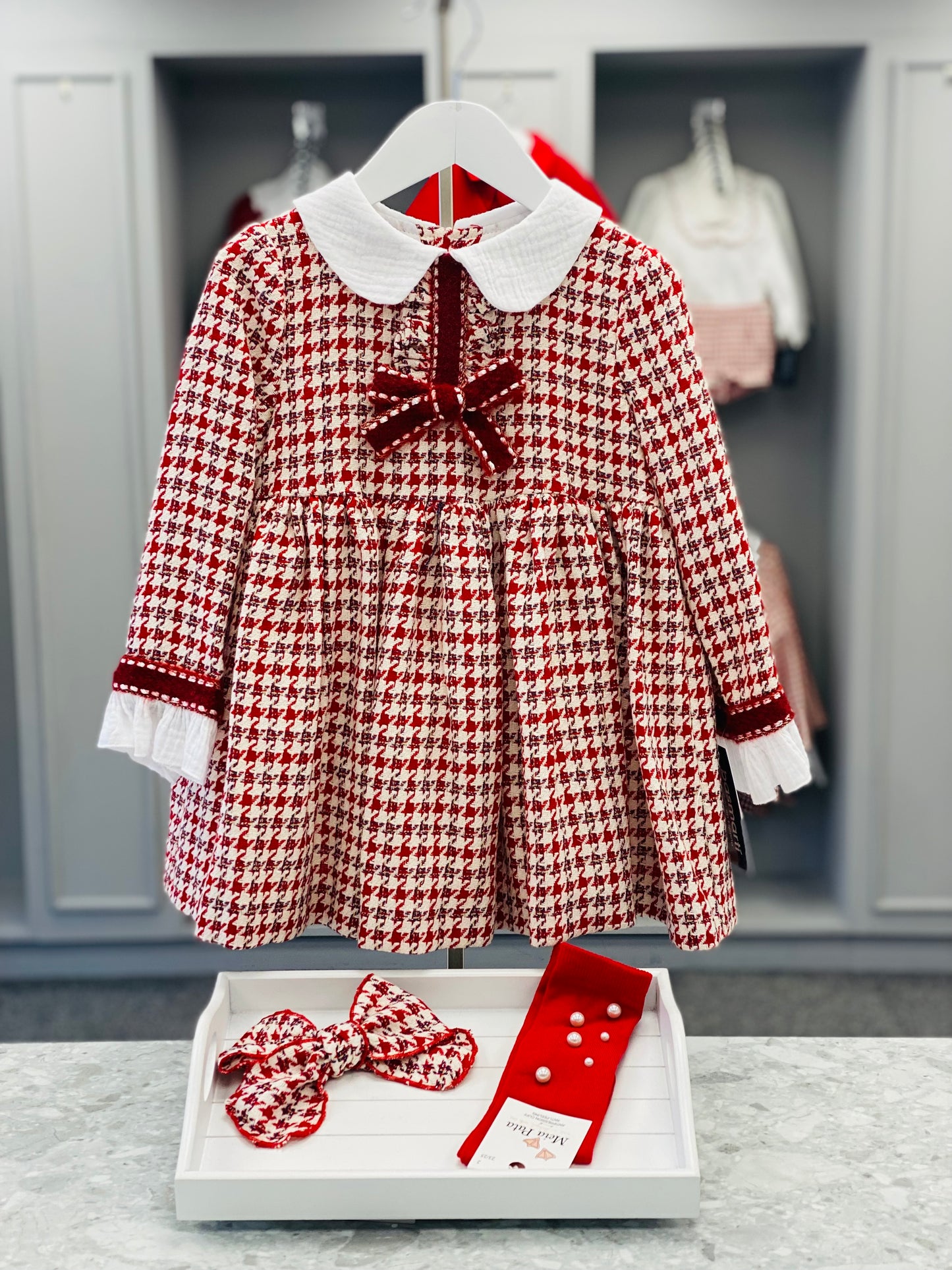 AW25 BASMARTI Red Dogtooth Girls Dress - 25510