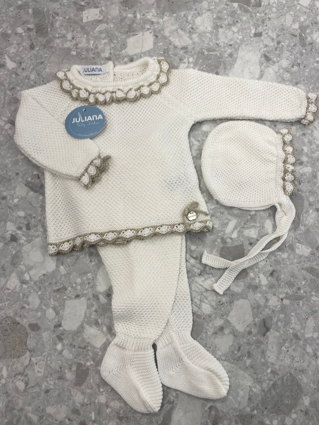 JULIANA Azahar White & Beige Knitted Set with Bonnet - 26028