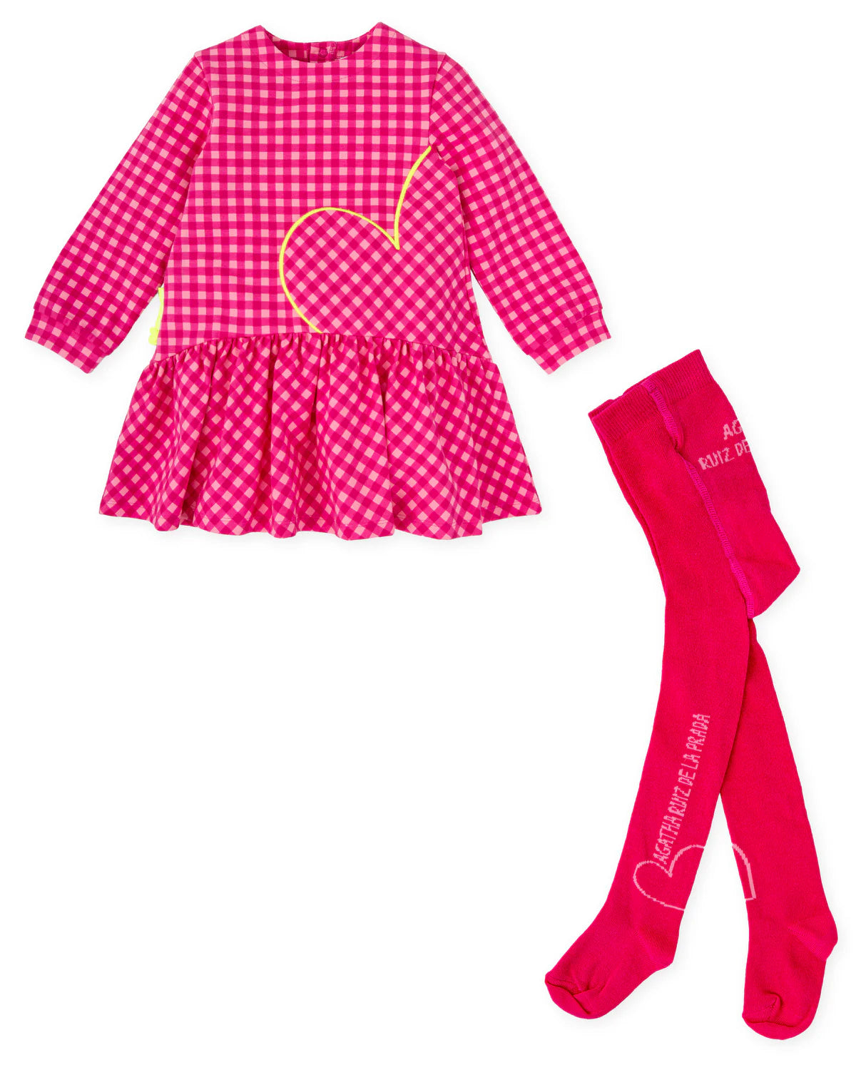 Girls’ fuchsia gingham dress and bright-pink tights
