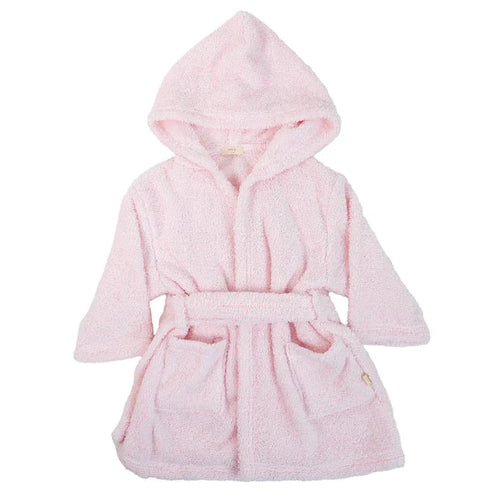 Baby Gi pink girls cotton terry towelling bathrobe with angel wings detail on the back - front view.