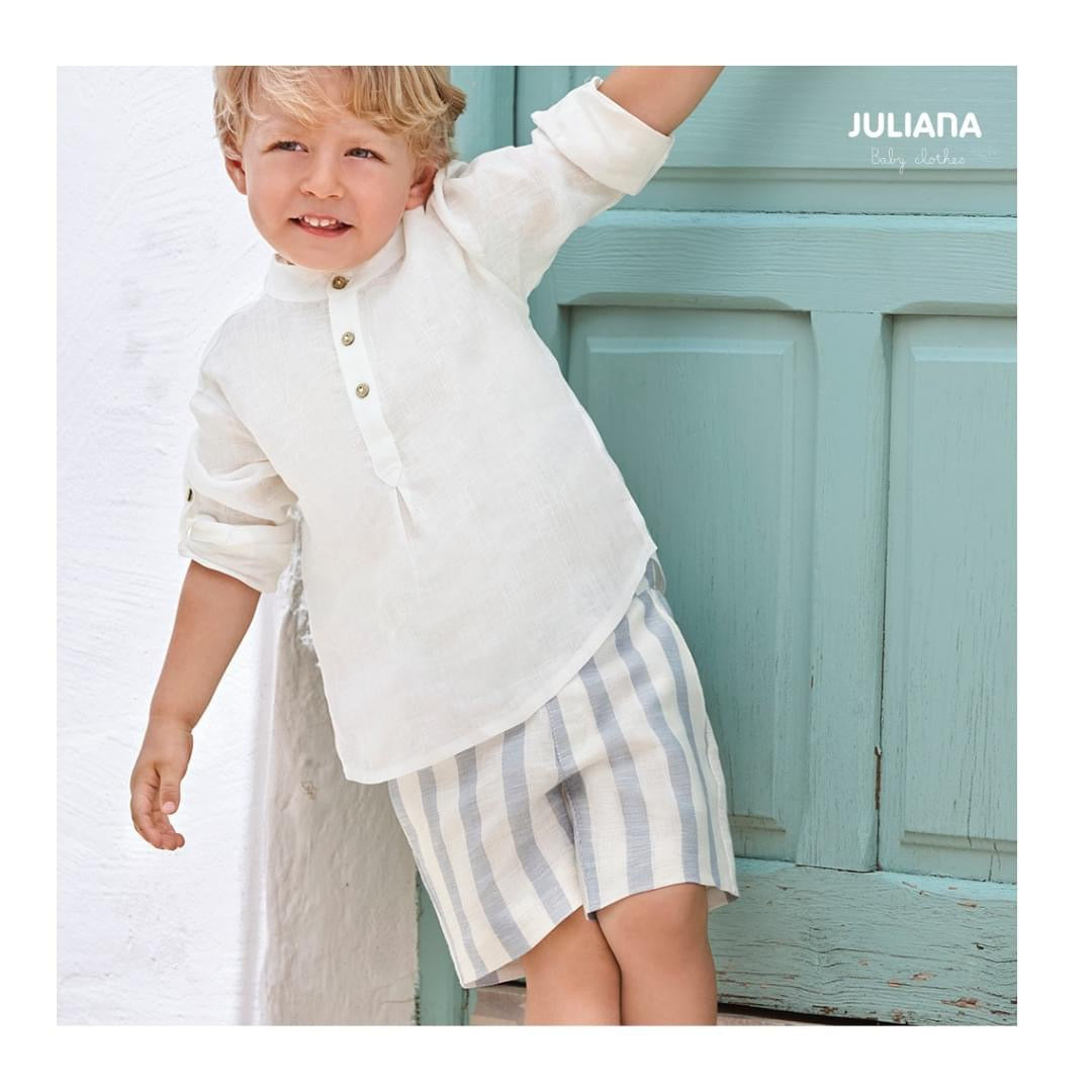 JULIANA SS24 Benissa Boys Blue & Cream Stripe Linen Short Set - CLEARANCE SALE