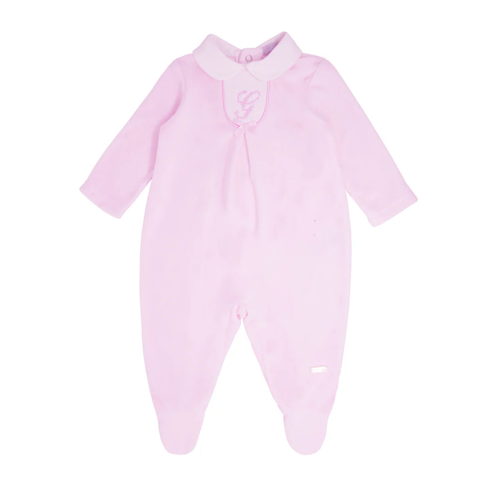 Blues Baby classic girls pink Portuguese cotton velour babygrow with collar and bow detail