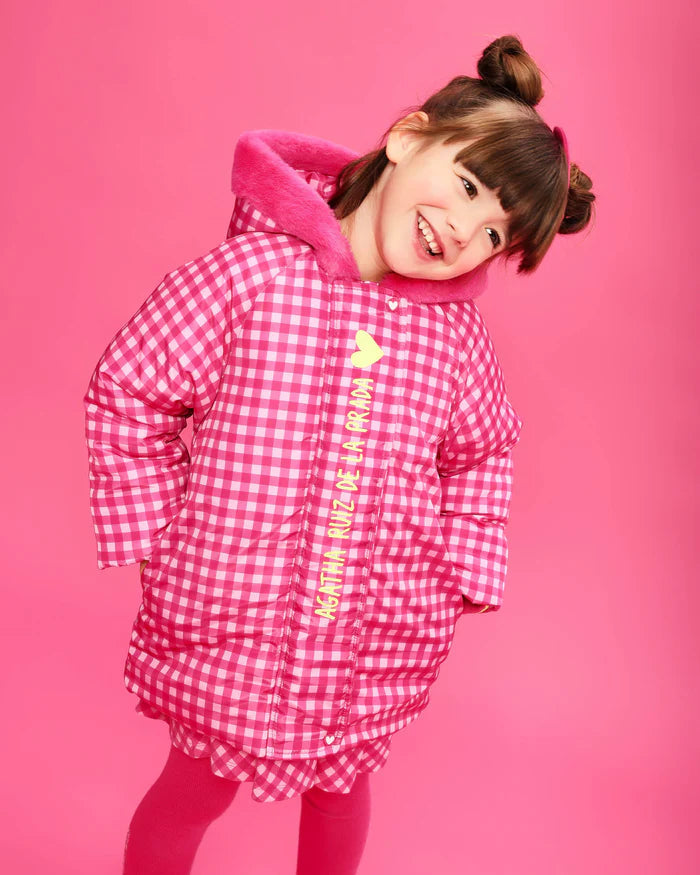 Agatha Ruiz de la Prada girls fuchsia pink check coat - front detail