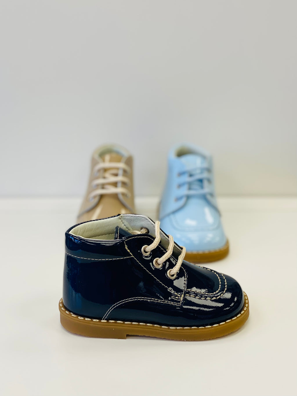 ANDANINES Navy Boys Patent Leather Ankle Boots