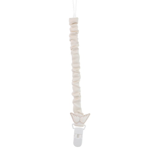 Baby Gi beige Pima cotton dummy clip with signature angel wings, made in Portugal.