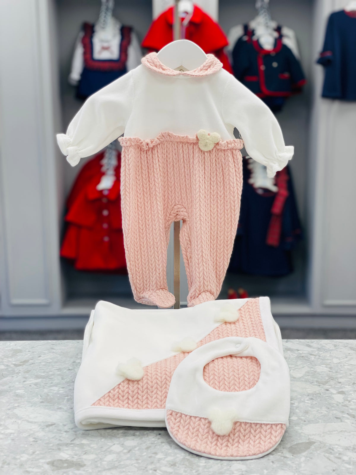 Deolinda Woody dusky pink baby collection - coordinating outfit and bib