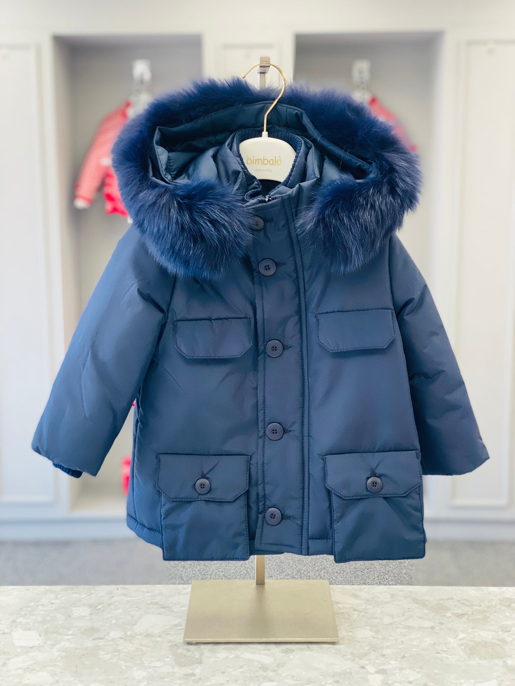 Bimbalo boys navy padded winter coat with detachable fur-trimmed hood - shop image