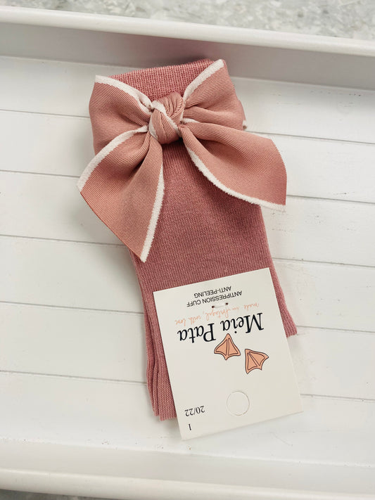 Meia Pata contrast bow dusty pink girls knee high socks with white edging
