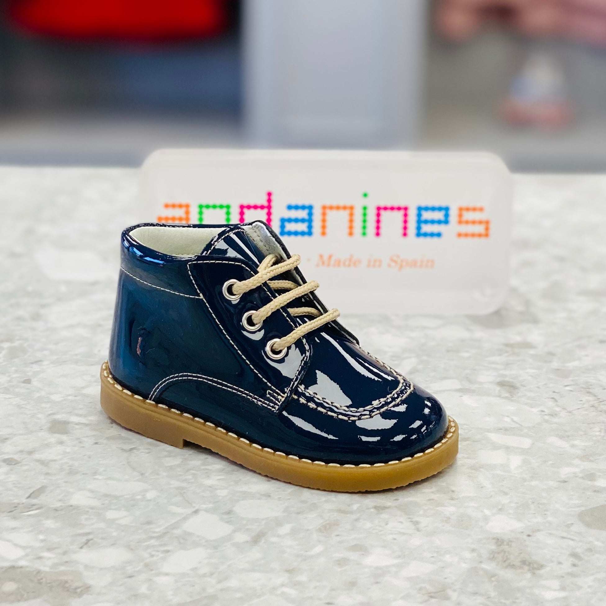 ANDANINES Navy Boys Patent Leather Boots - 222325