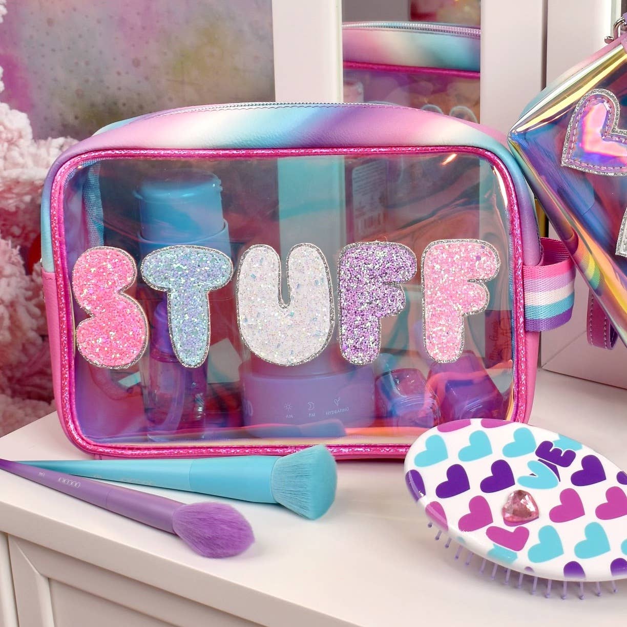 Back view of OMG Accessories Stuff iridescent clear pouch