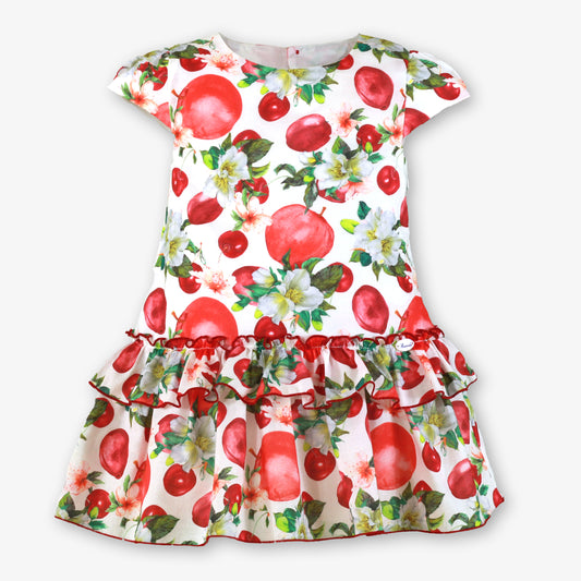 Miranda red fruit print girls dress with dropped waist frill and blossom design