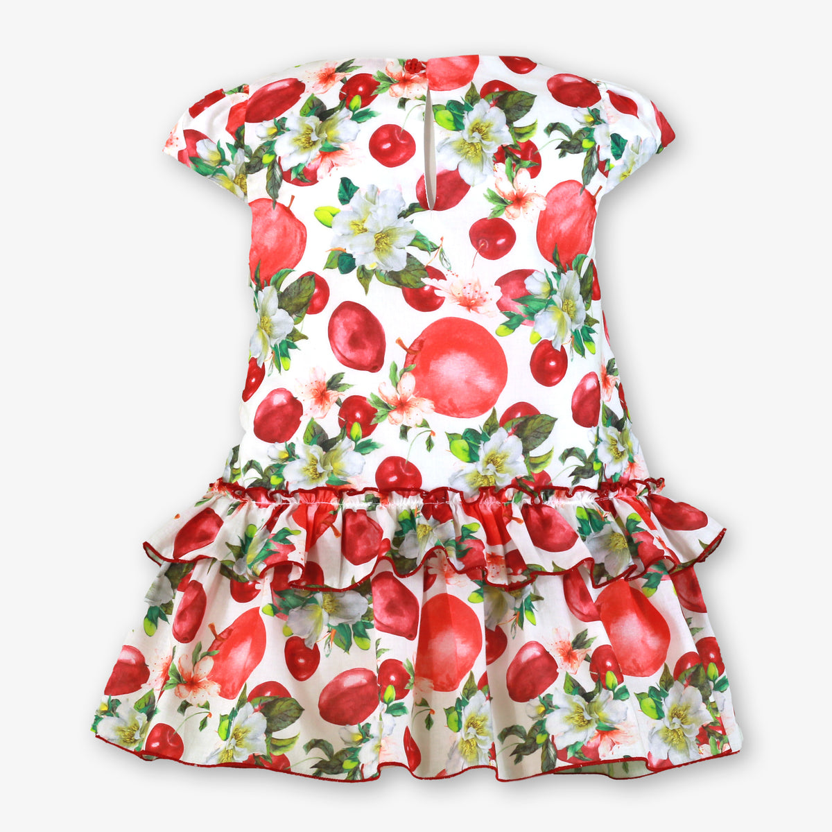 Miranda red fruit print girls dress with dropped waist frill and blossom design back view