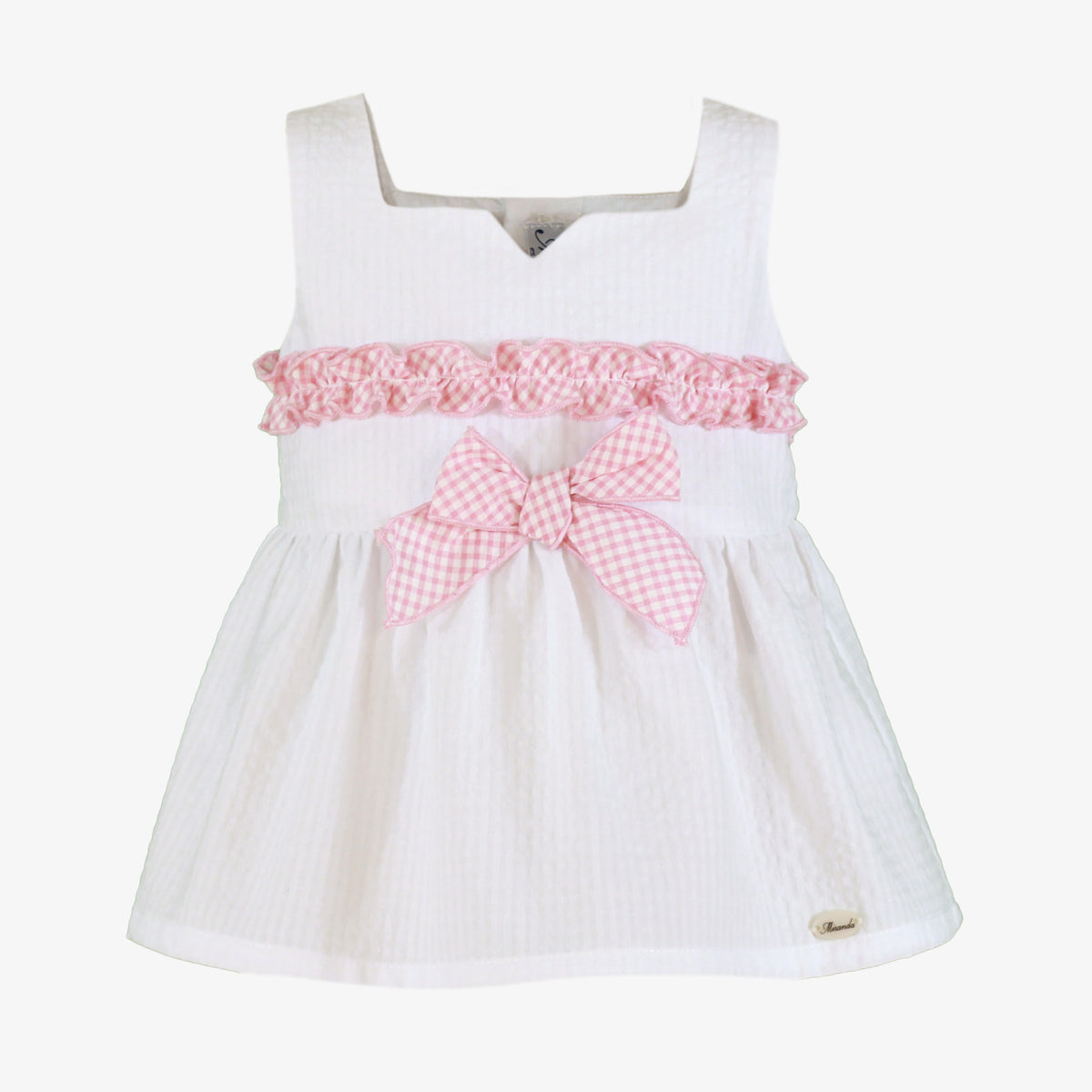Miranda Pink Gingham girls skirt set with white ruffle top front view