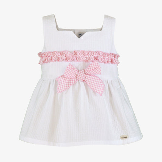 Miranda Pink Gingham girls skirt set with white ruffle top front view