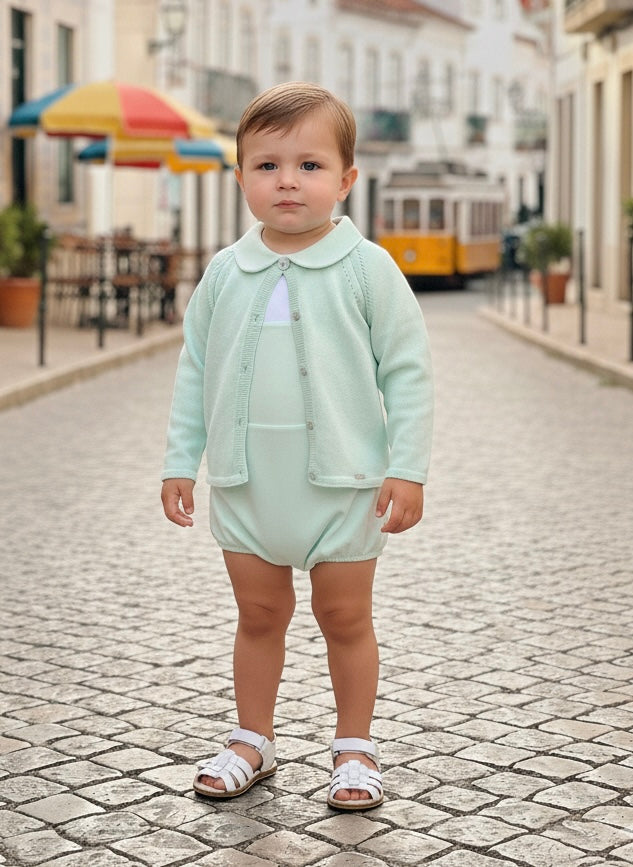RIGOLA Boys Mint Green Cotton & Linen Romper Set with Cardigan