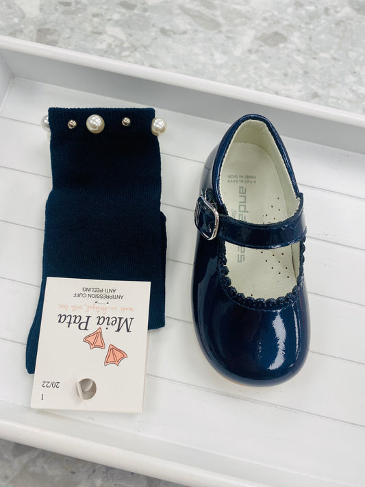 Meia Pata pearl and stud navy girls knee high socks