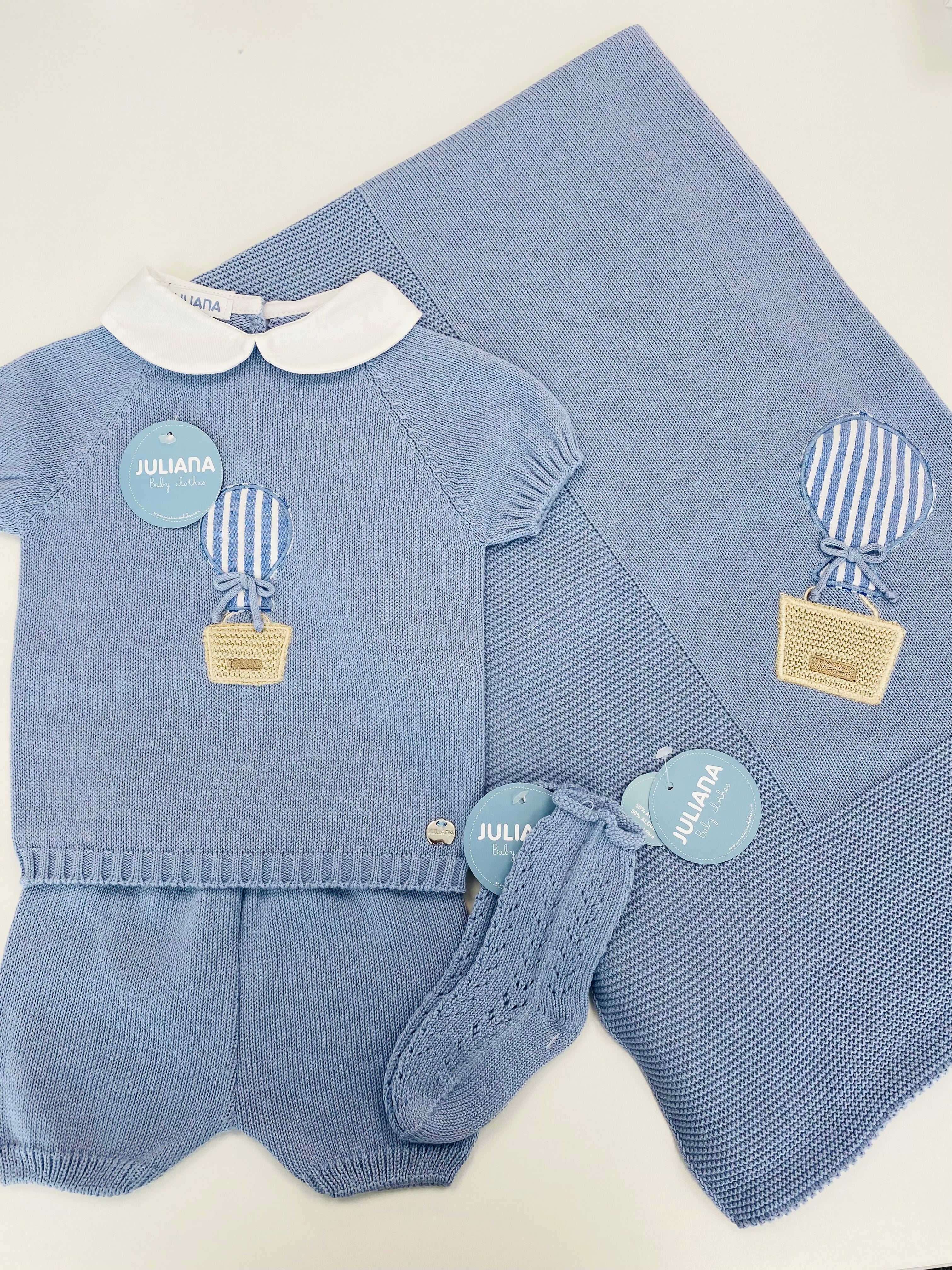 JULIANA Globos Boys Blue Hot Air Balloon Knitted Short Set & Blanket - 26073