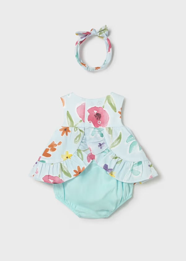 Mayoral Baby Girls Hawaii Multicoloured Floral Dress Knickers and Headband Set 1290 - back view.