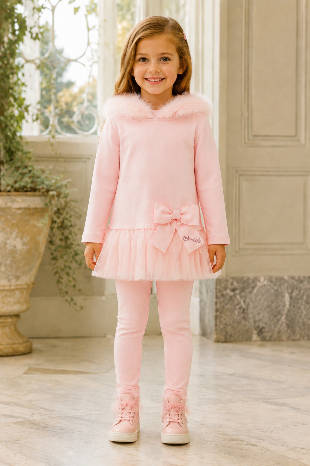 Bimbalo girls pink leggings set with fur-trimmed hood, tulle waist and diamanté bow