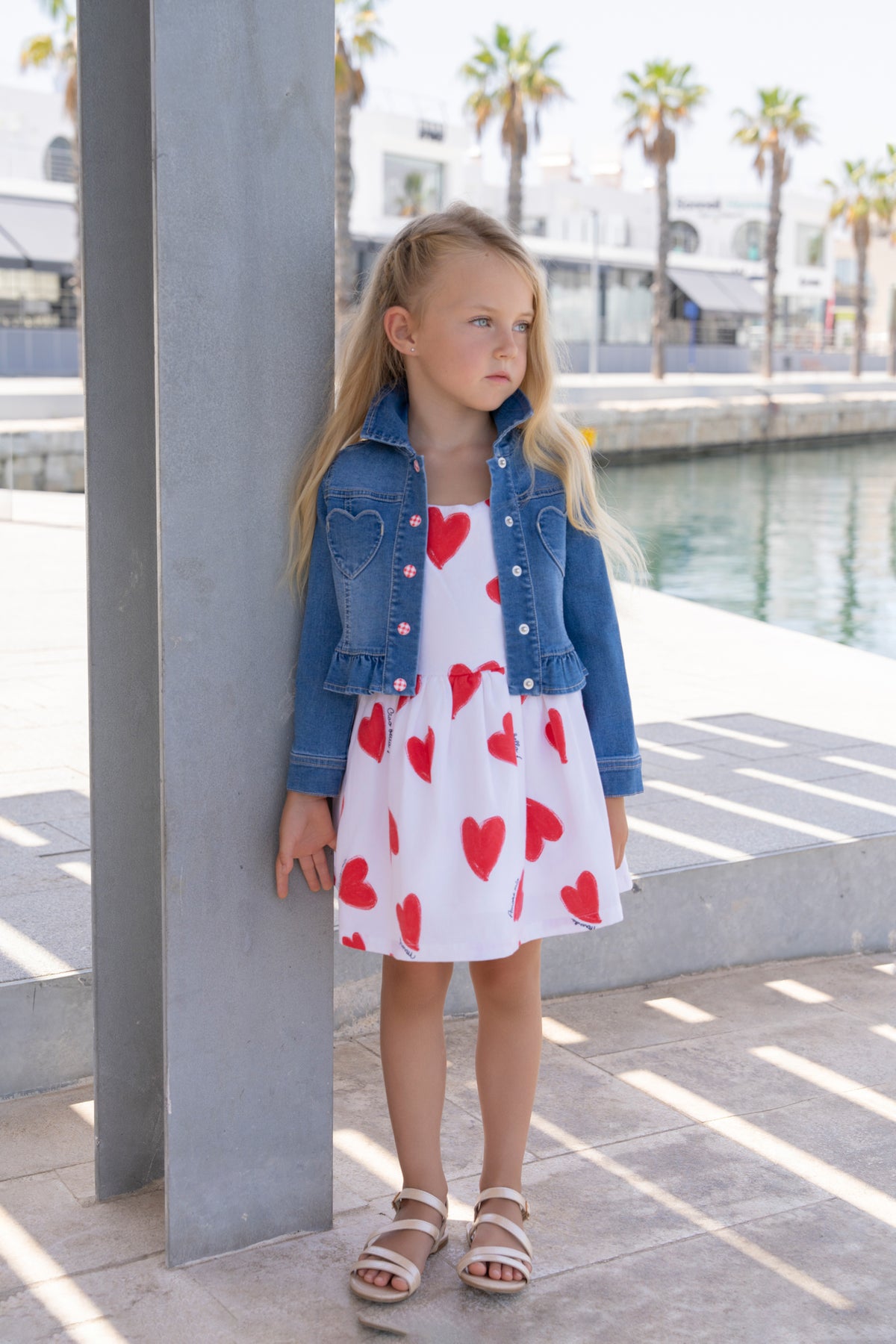 Miranda Corazon girls denim jacket with red and white heart print dress