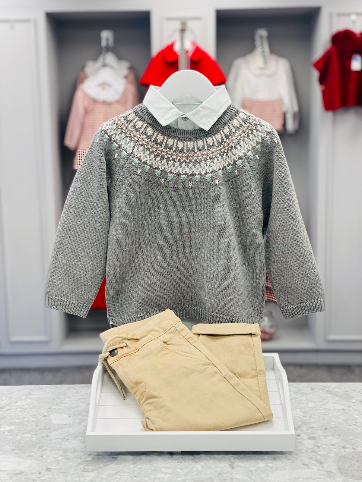 Tutto Piccolo Boys Grey and Beige Trouser Set with Fair Isle Knitted Jumper