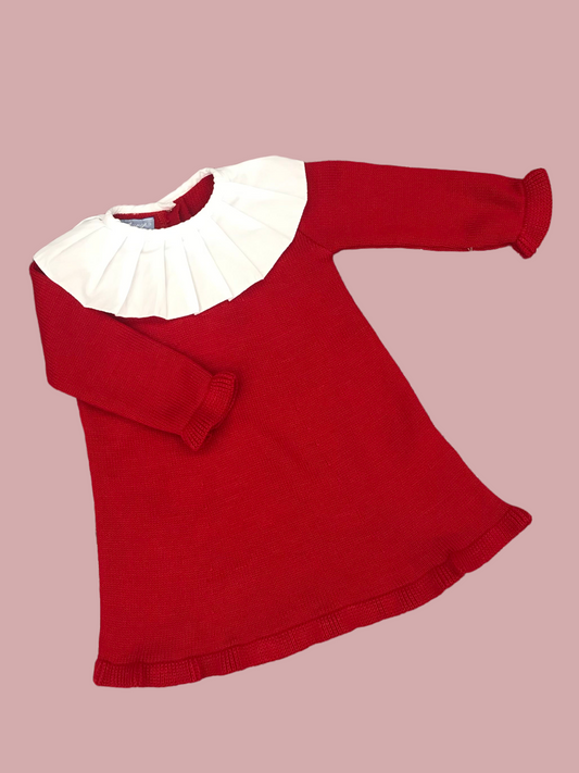 AUREA Red Girls Knitted Dress with Pleated Collar - NON RETURNABLE