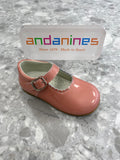 Andanines coral pearl patent leather girls Mary Jane shoes with adjustable buckle fastening, handcrafted in Spain