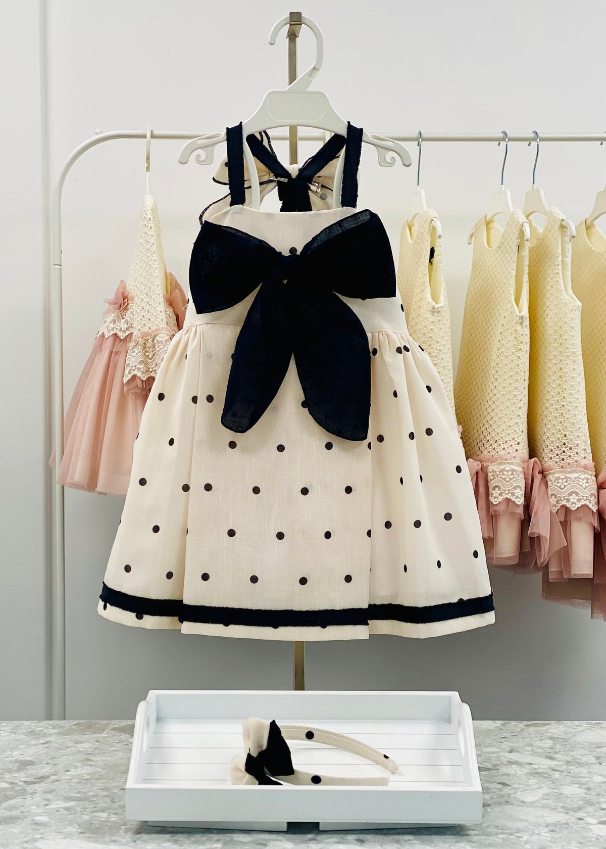 Basmarti Coco cream and black polka dot girls dress product detail
