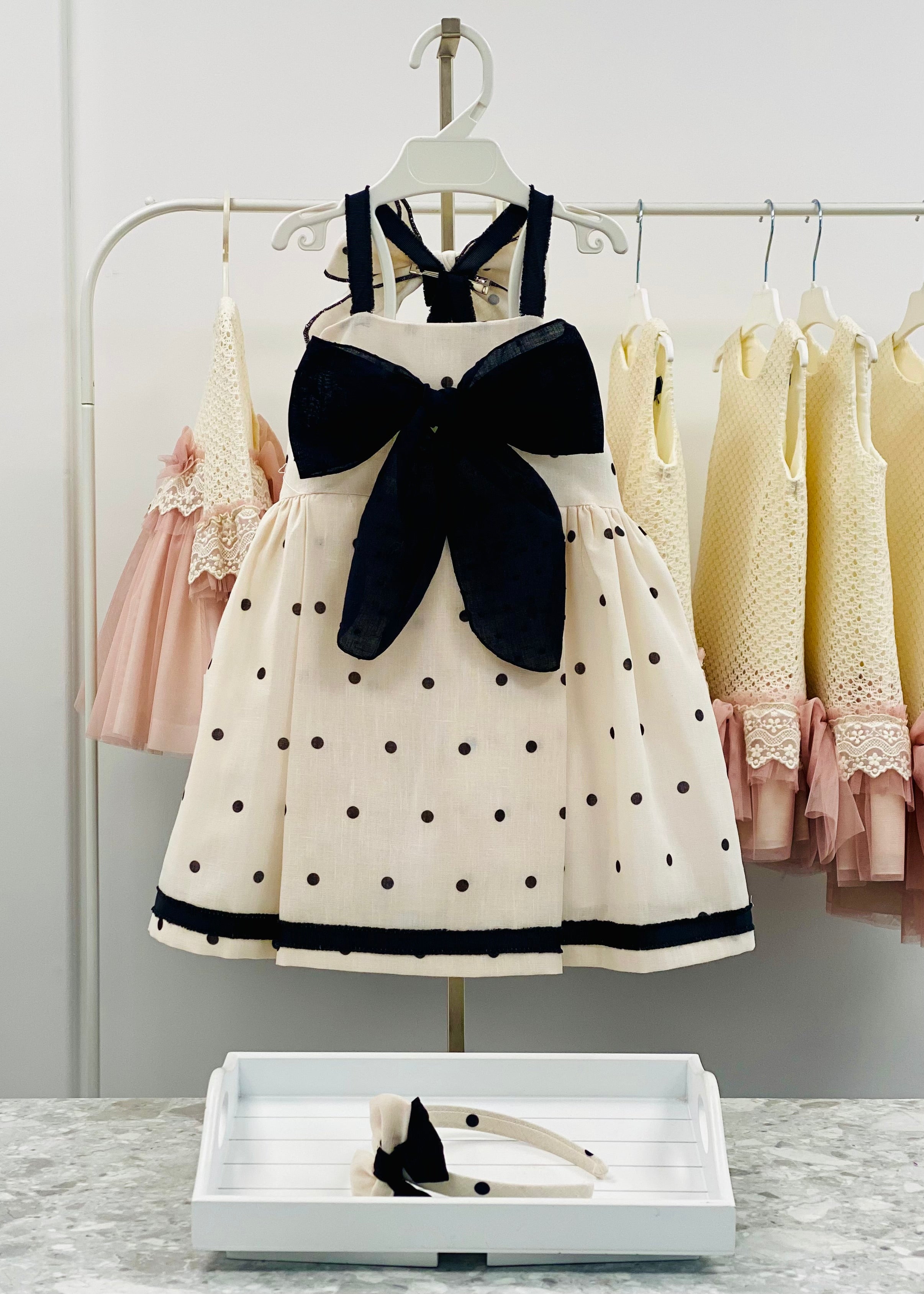 BASMARTI Coco Girls Cream & Black Polka Dot Dress - 26130