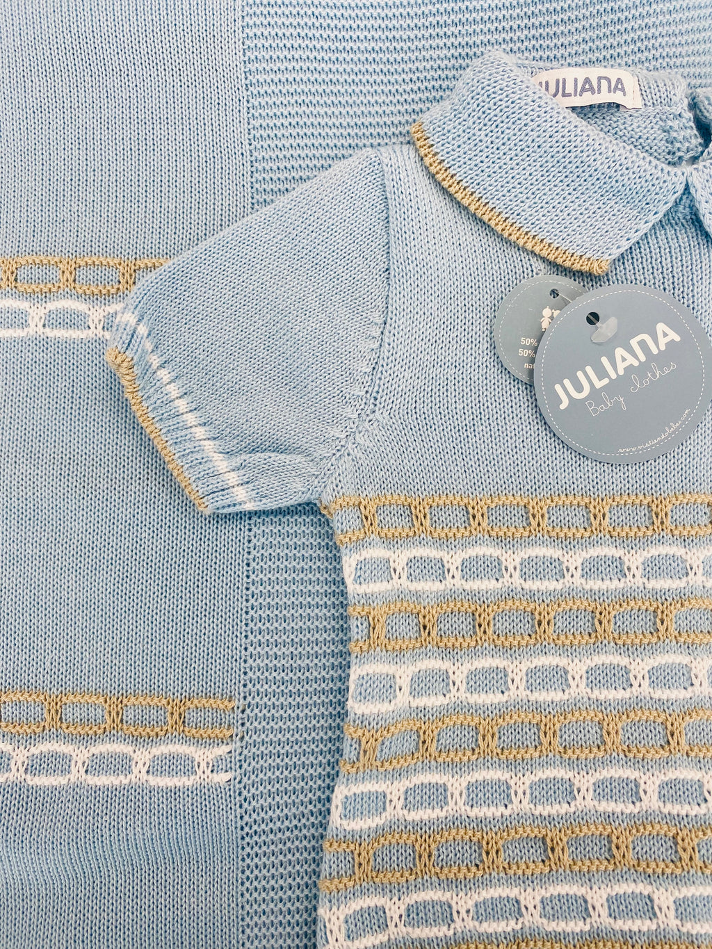 JULIANA Link Boys Blue & Camel Knitted Short Set with Booties
