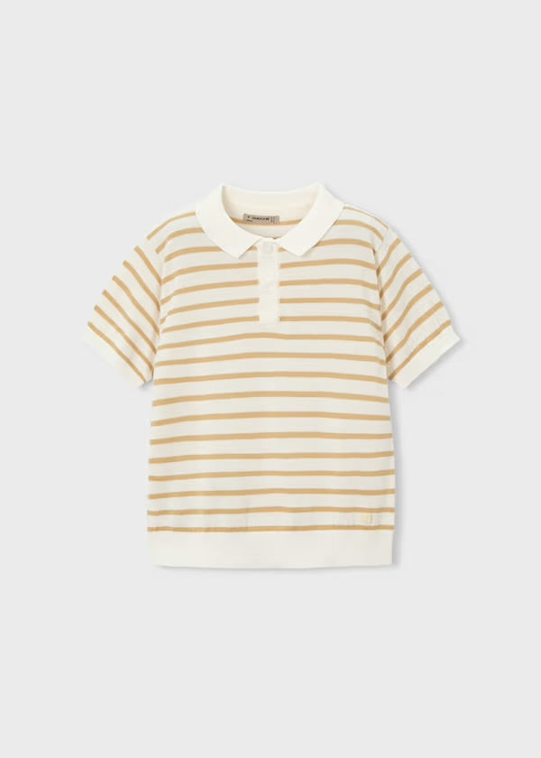 Mayoral ivory and beige striped knitted polo top, front view