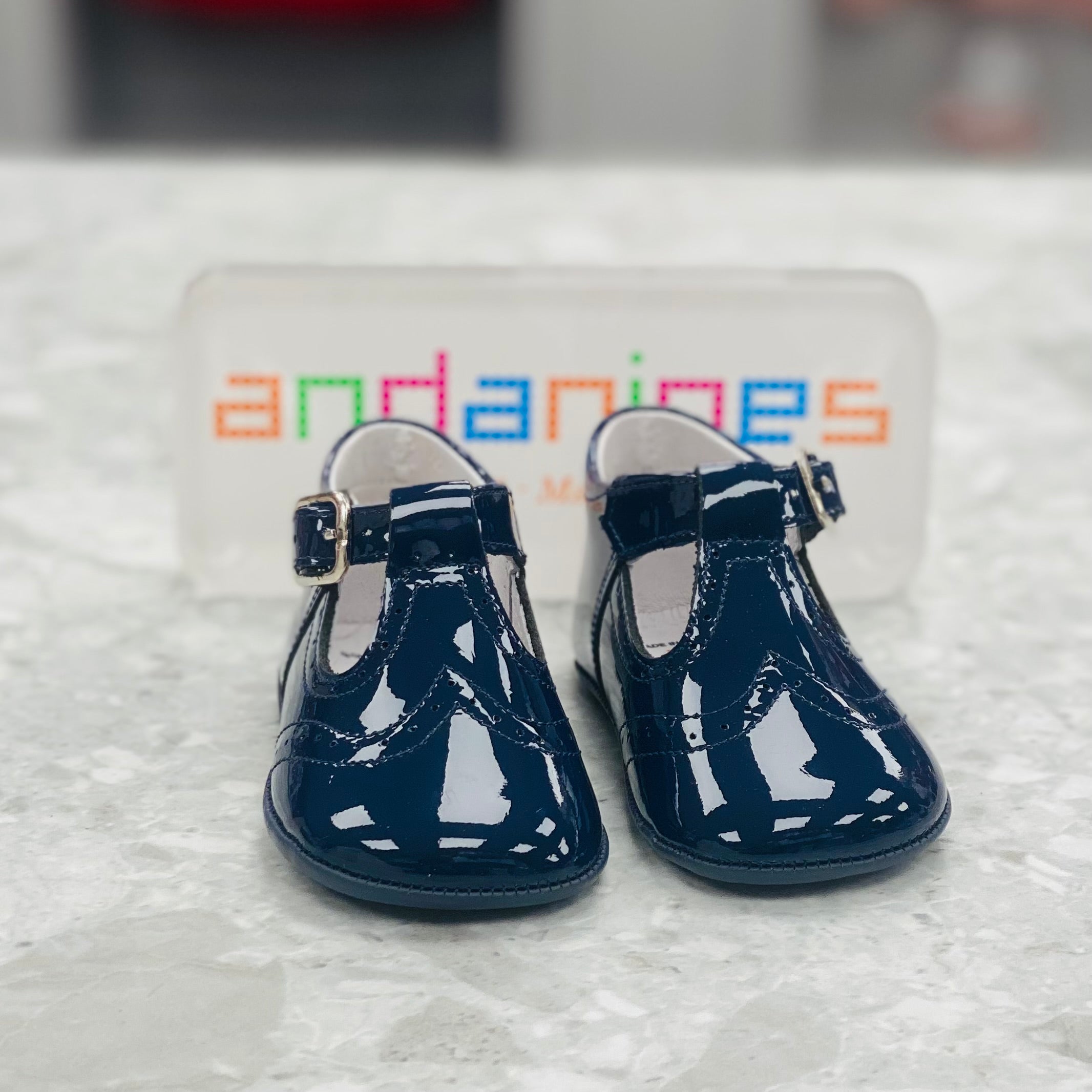ANDANINES Navy Boys Patent Leather T-Bar Pram Shoes - 241030