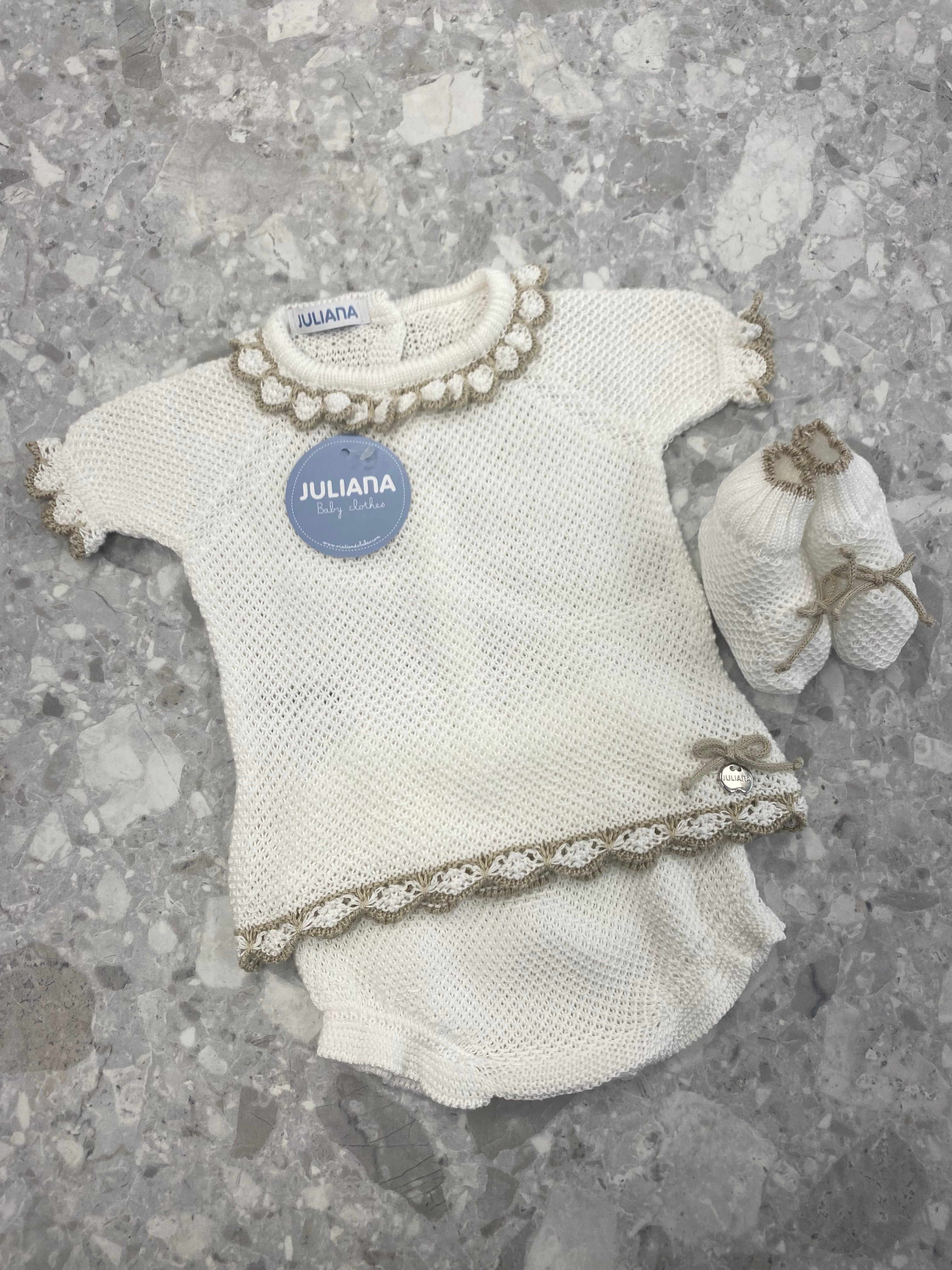 JULIANA Azahar Girls White & Beige Knitted Set with Booties - 26062