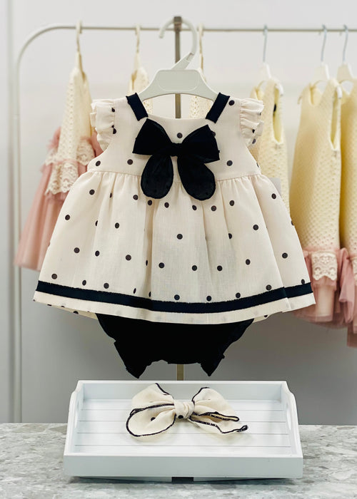 BASMARTI Coco Girls Cream & Black Polka Dot Dress & Knickers - 26120