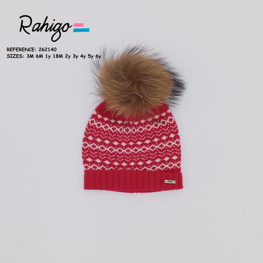 Rahigo red and cream boys knitted hat with Nordic Fair Isle pattern and real fur pom pom, made in Spain.