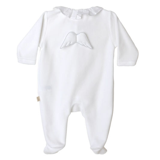 BABY GI Angel Wings White Unisex Frill Collar Velour Babygrow