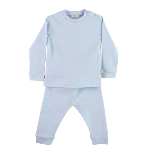Baby Gi blue boys cotton pyjama set with white angel wings detail on the back.