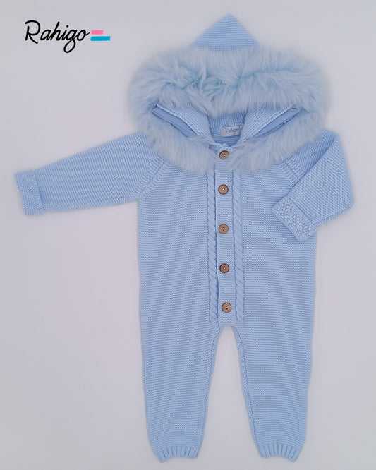 Rahigo baby blue knitted baby snowsuit with button fastening and real fur trimmed hood, made in Spain.