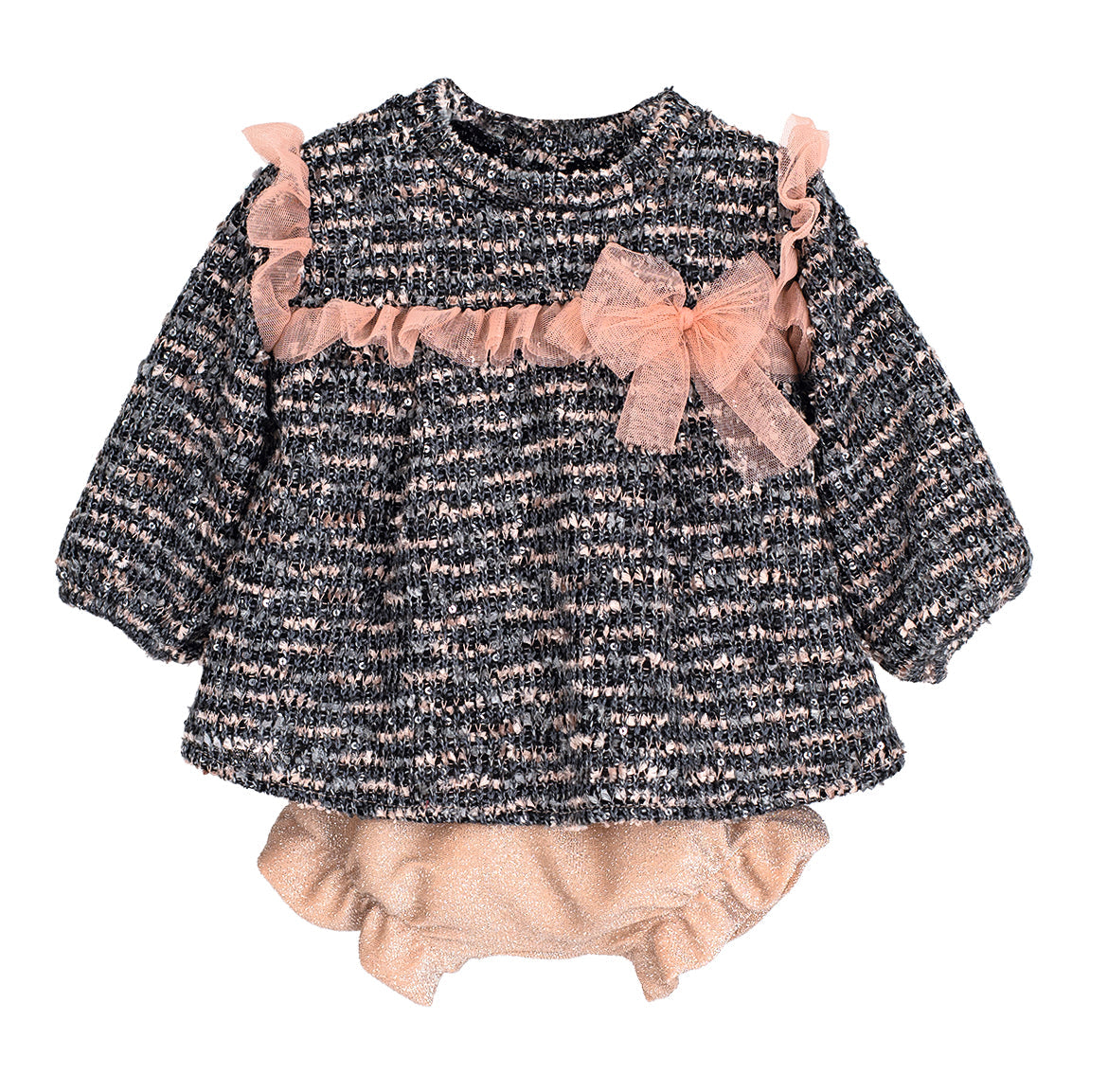 Calamaro Lips grey and pink tweed baby dress with matching shimmer knickers