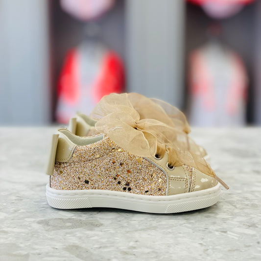 ANDANINES Beige Pearl Girls Leather Glitter Trainers