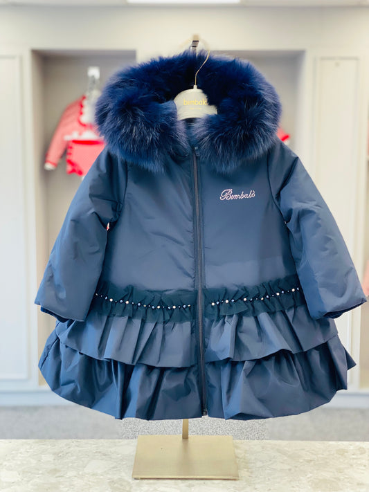 AW25 BIMBALO Girls Navy Coat with Fur & Pearl Trim