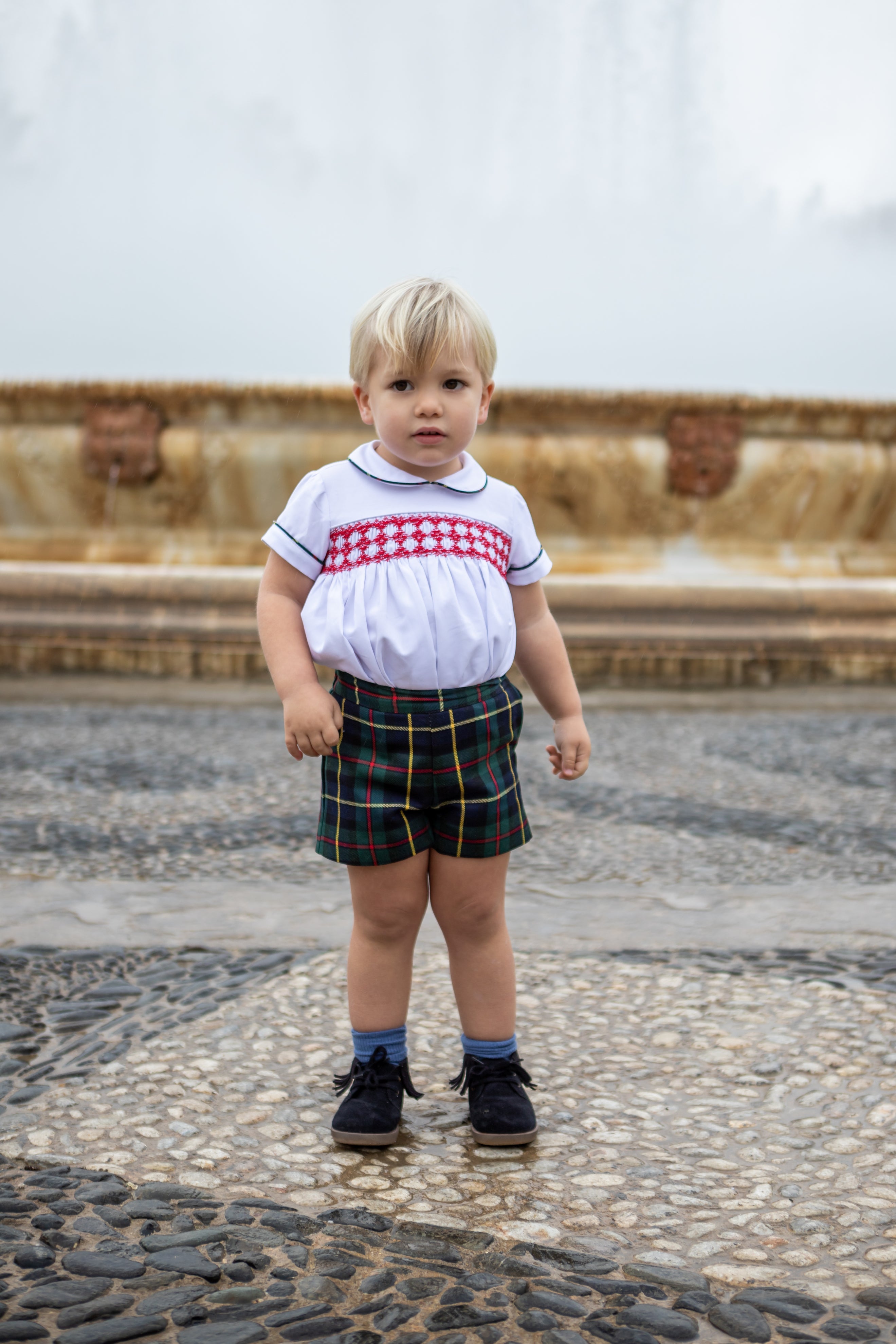 NAXOS Toledo Baby Boys Navy Tartan Smocked Short Set - 7214