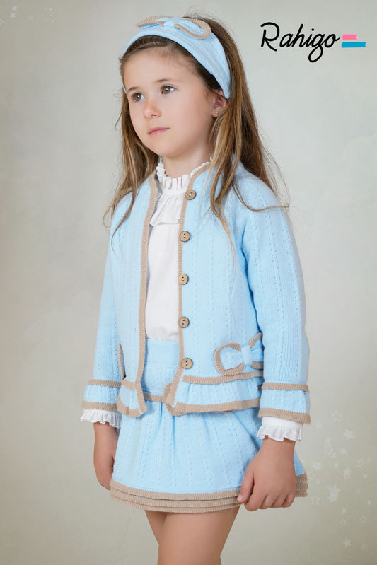 PRE ORDER AW25 RAHIGO Baby Blue & Camel Girls Skirt Set with Cardigan - 25249