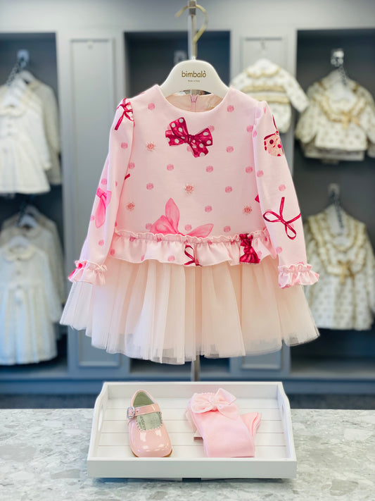 AW25 BIMBALO Girls Pink Bow Print Tulle Dress