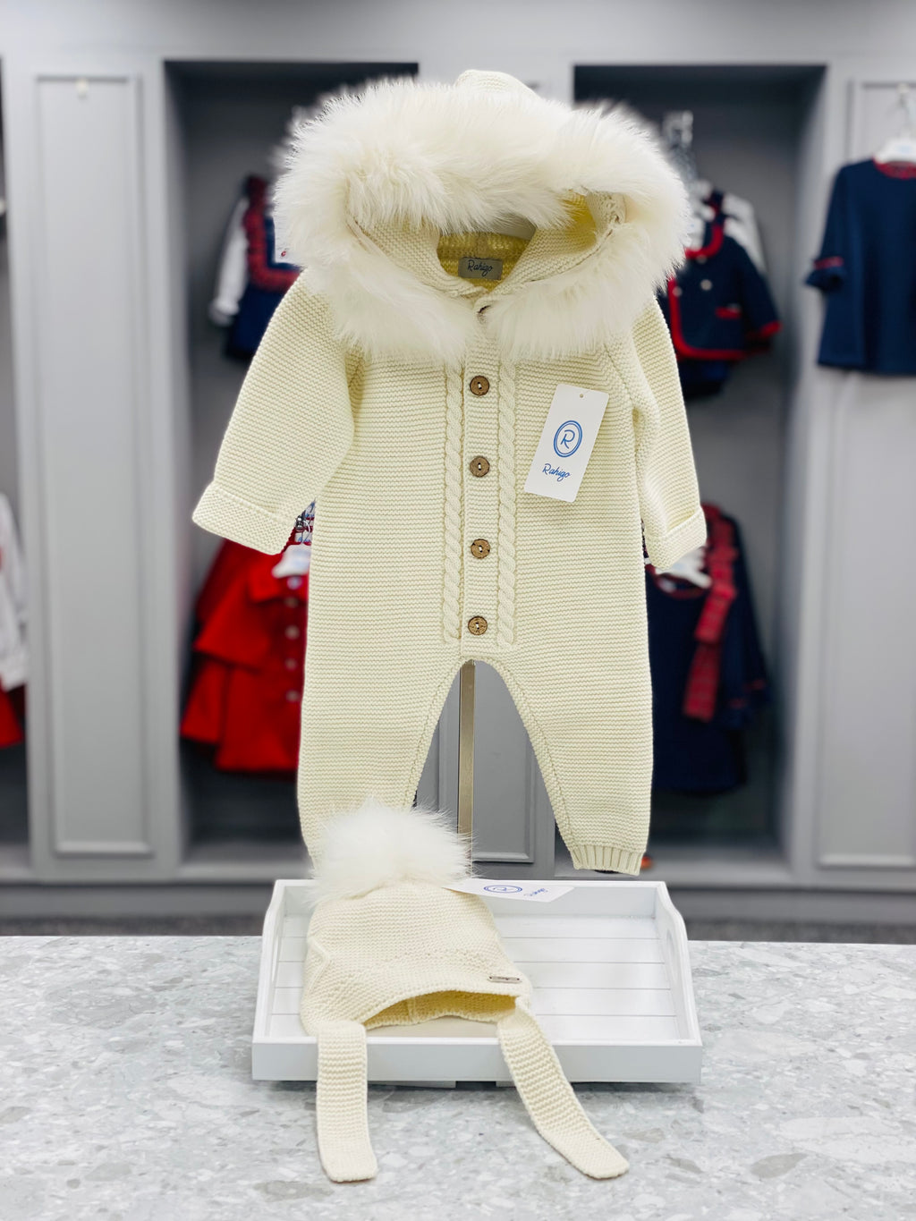 AW25 RAHIGO Cream Knitted Snowsuit with Fur Hood - 252135