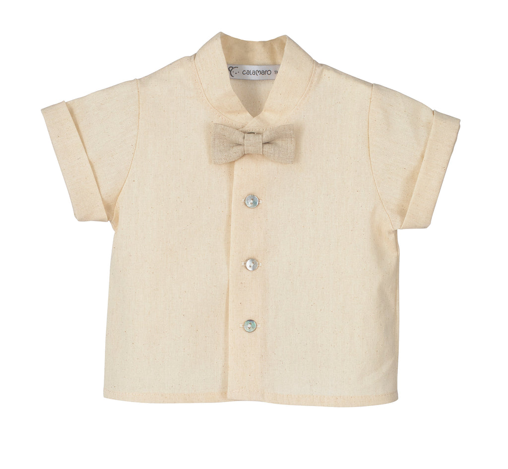 Calamaro Espirulina boys cream and beige linen short set detail