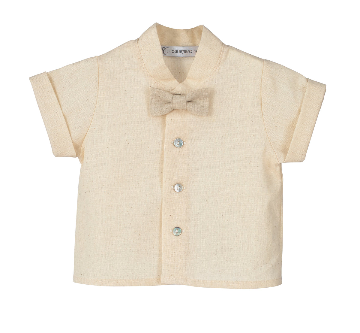 Calamaro Espirulina boys cream and beige linen short set detail