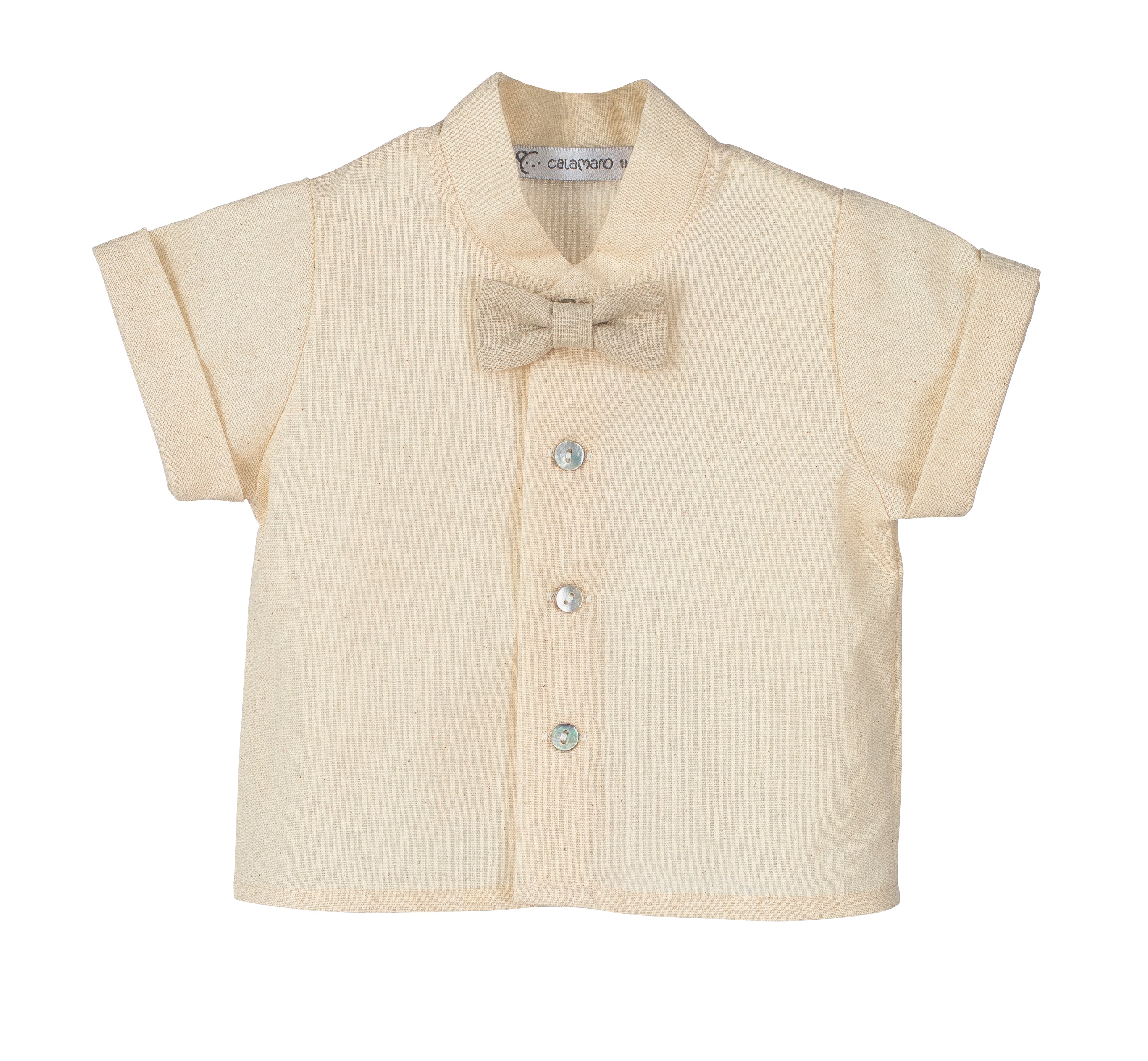 Calamaro Espirulina boys cream and beige linen short set detail